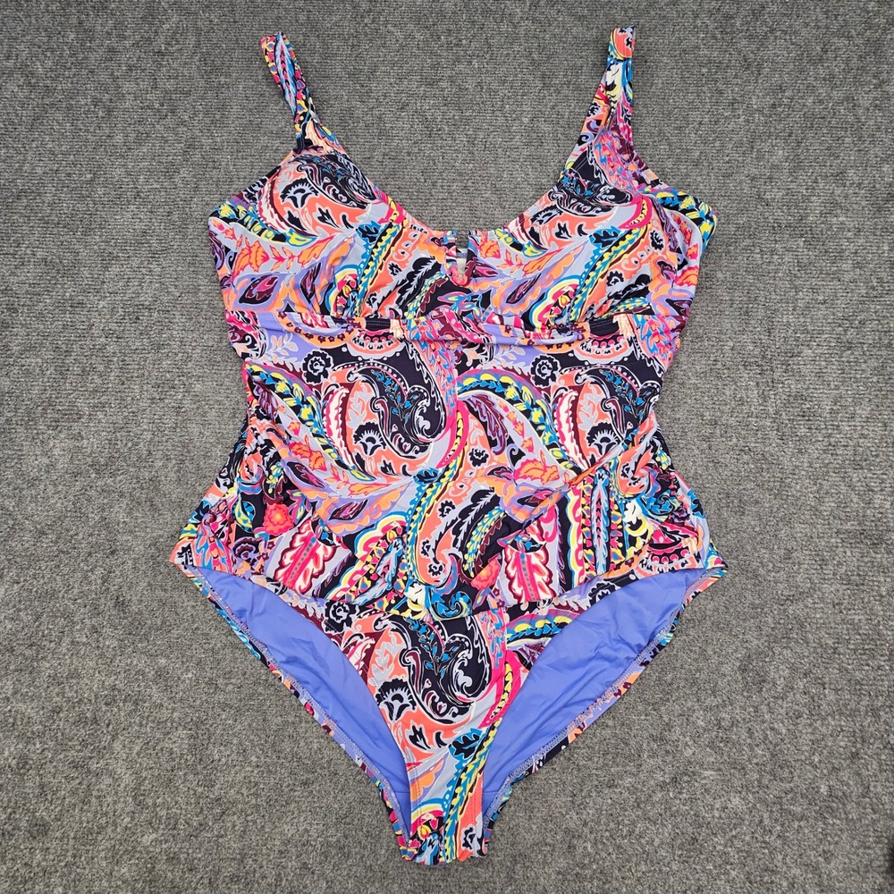 Anne Cole One Piece Swimsuit Womens 18W Multicolor Paisley V-Neck Bathing Suit
